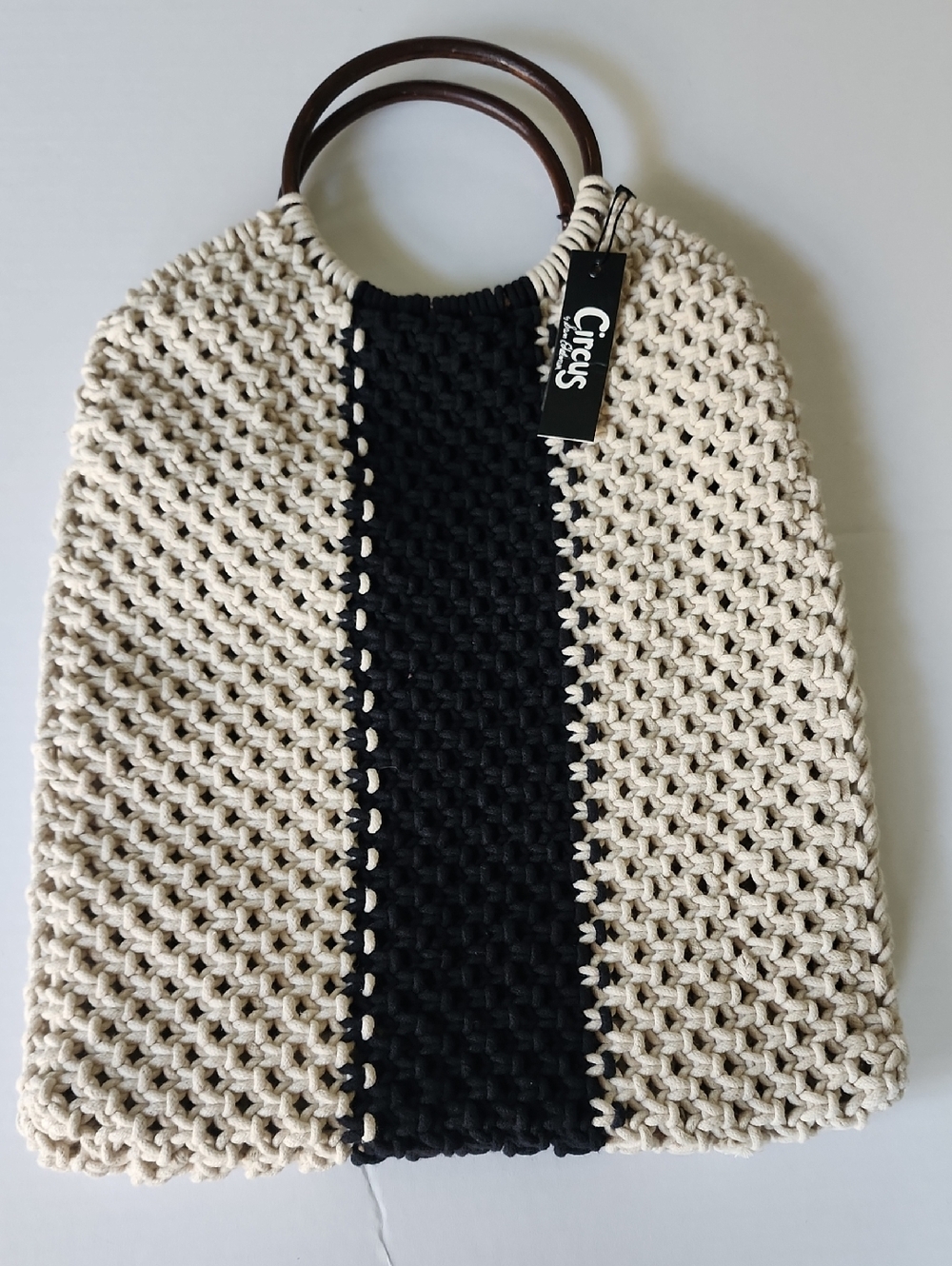 Rope Crochet Macrame Tote Bag with Wooden Circular Handles
